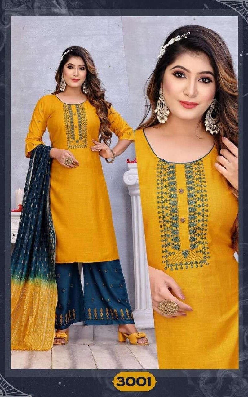 Sangini Fashion Talk New Rayon Work Fancy Kurti Palazzo With Dupatta