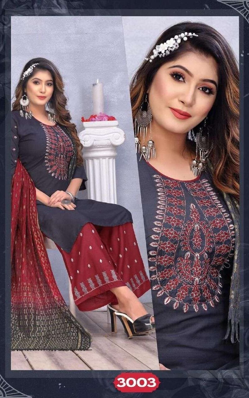 Sangini Fashion Talk New Rayon Work Fancy Kurti Palazzo With Dupatta