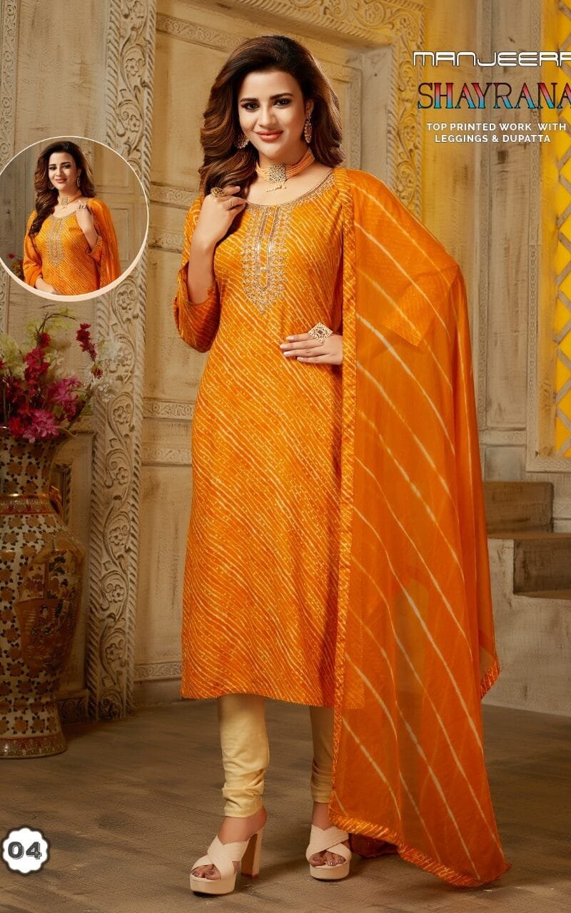 Manjeera Shayrana Readymade Collection Rayon Foil Print with Work