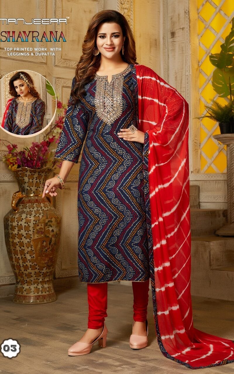 Manjeera Shayrana Readymade Collection Rayon Foil Print with Work