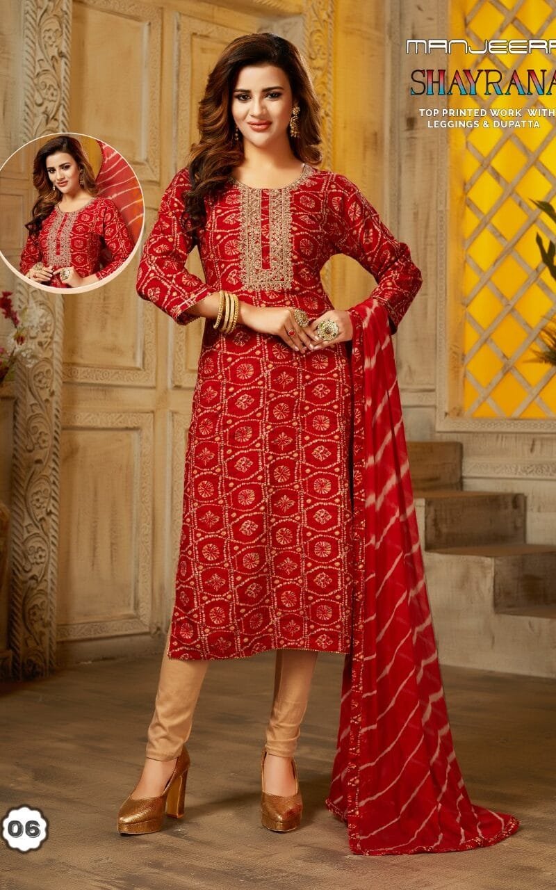Manjeera Shayrana Readymade Collection Rayon Foil Print with Work