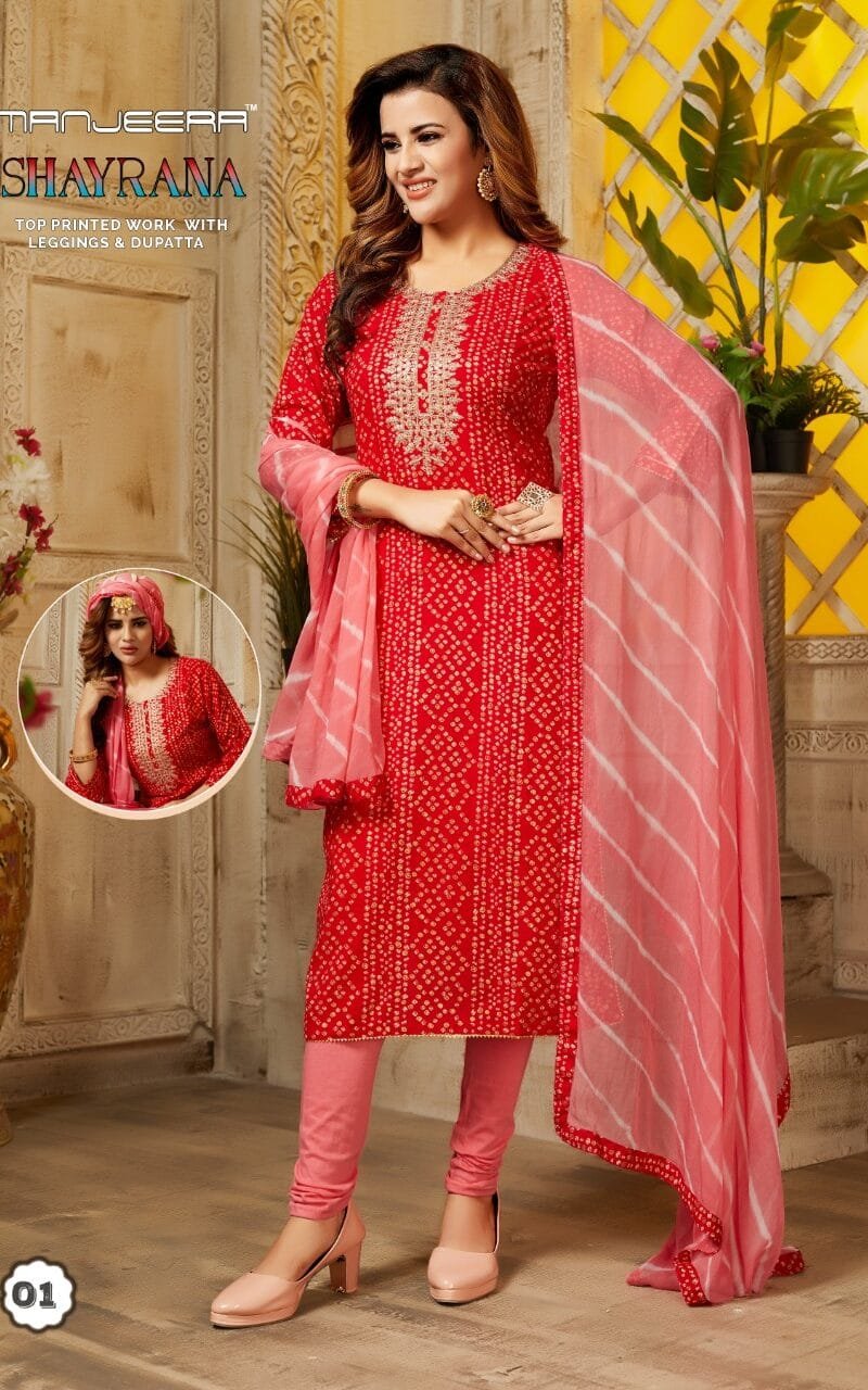 Manjeera Shayrana Readymade Collection Rayon Foil Print with Work