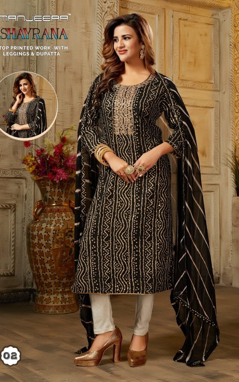 Manjeera Shayrana Readymade Collection Rayon Foil Print with Work