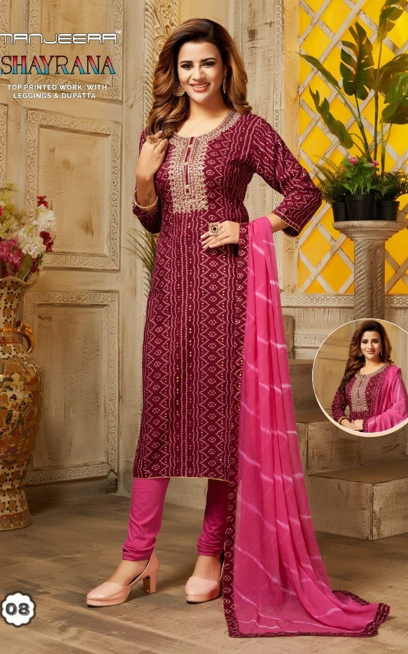 Manjeera Shayrana Readymade Collection Rayon Foil Print with Work