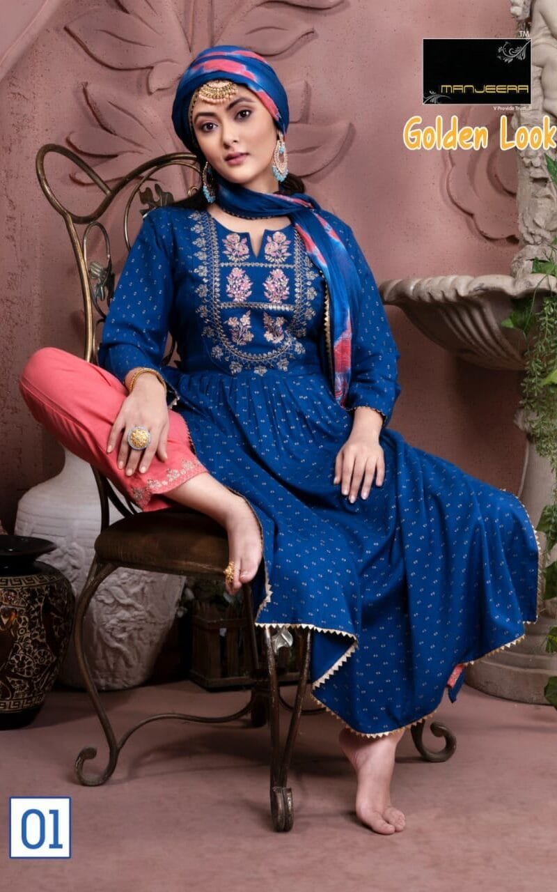Manjeera Shayrana Readymade Collection Rayon foil print with work