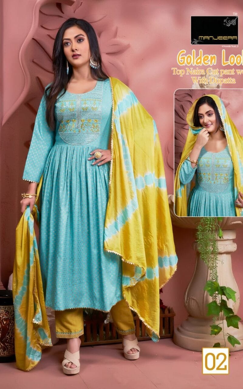 Manjeera Shayrana Readymade Collection Rayon foil print with work