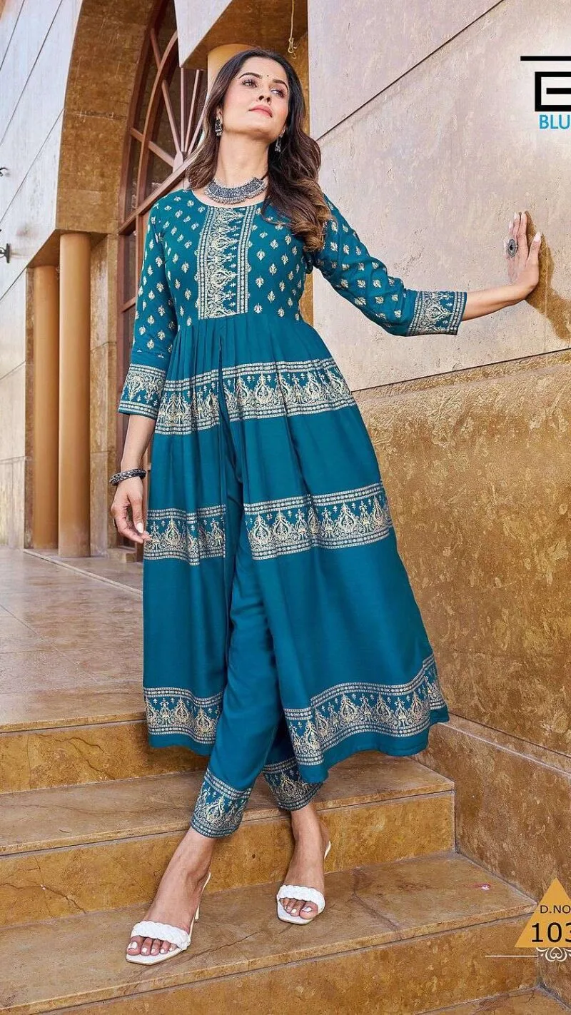 Maharani Blue Hills Rayon 14kg Foil Print Centre Cut Kurti