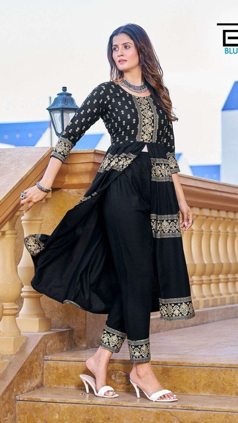 Maharani Blue Hills Rayon 14kg Foil Print Centre Cut Kurti