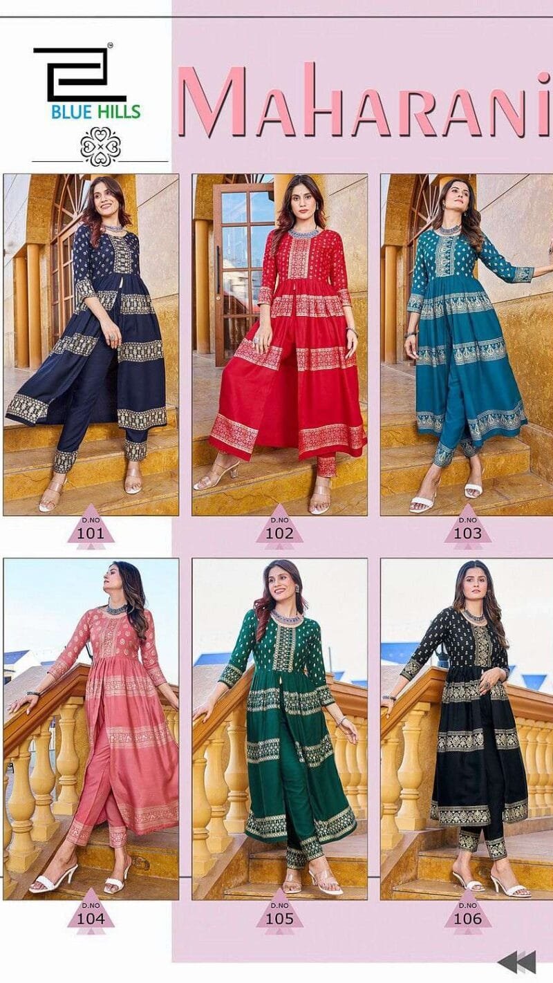 Maharani Blue Hills Rayon 14kg Foil Print Centre Cut Kurti