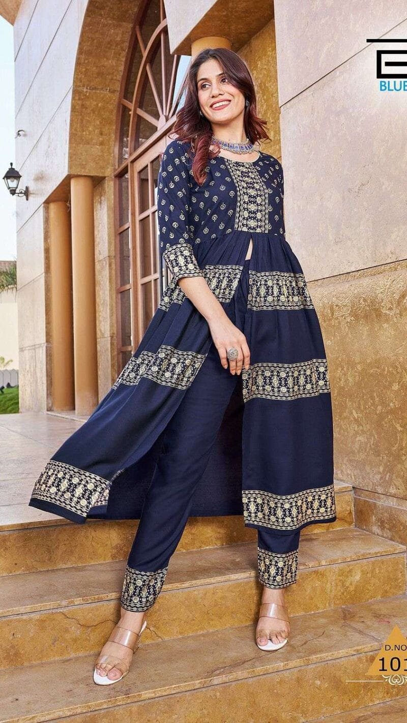 Maharani Blue Hills Rayon 14kg Foil Print Centre Cut Kurti