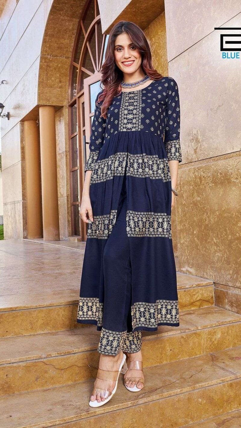 Maharani Blue Hills Rayon 14kg Foil Print Centre Cut Kurti