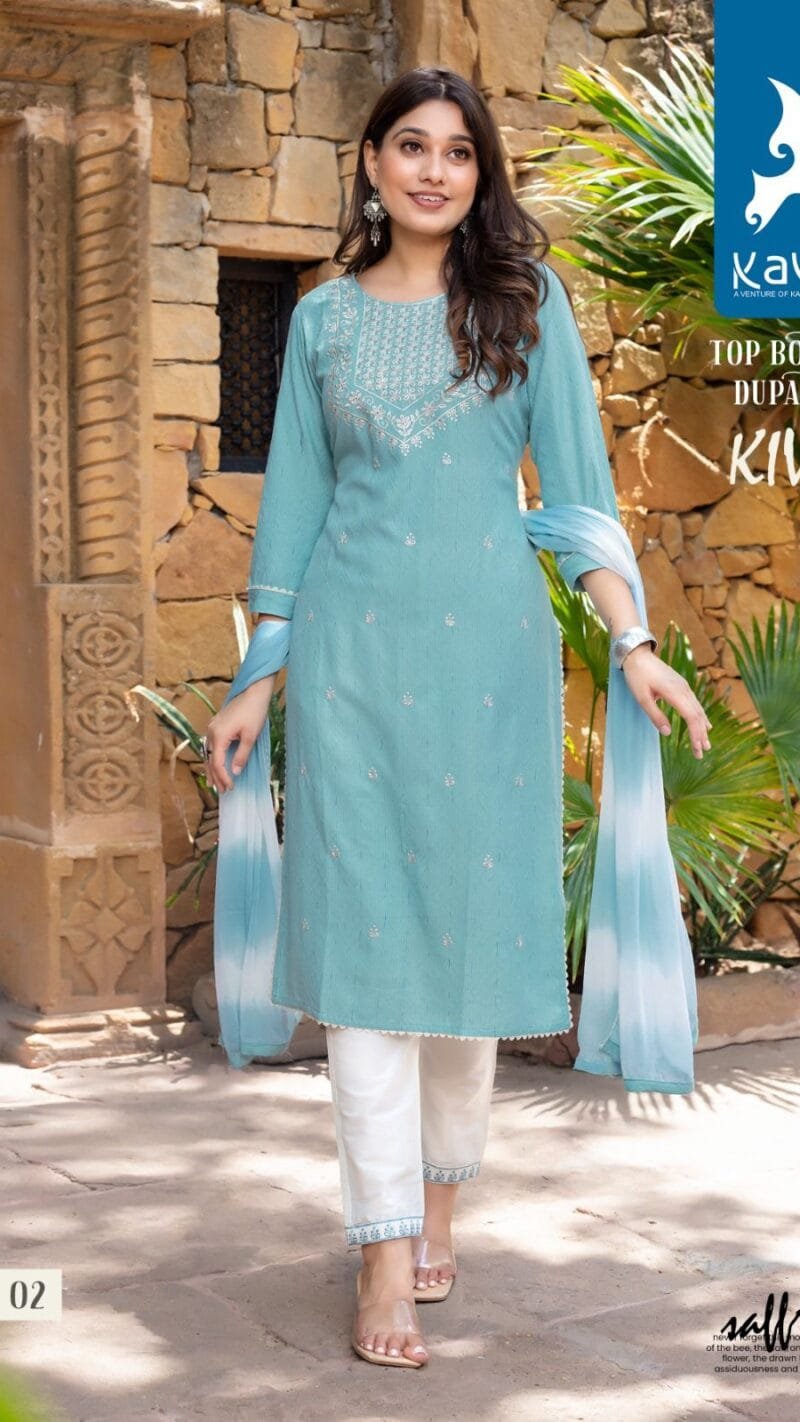 Kiwi 3 Piece Catalogue Top Bottom Dupatta Kaya Kurti