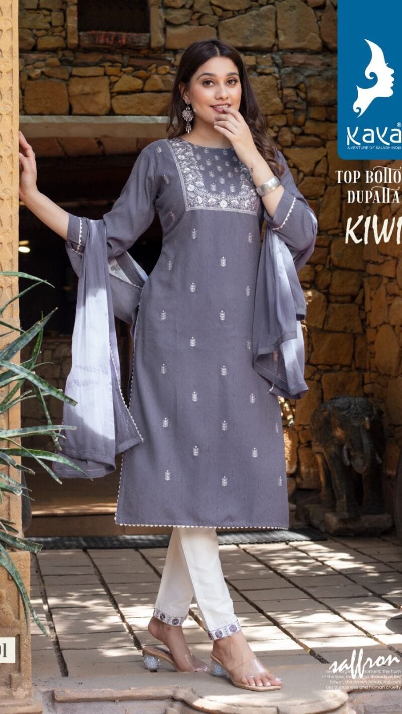 Kiwi 3 Piece Catalogue Top Bottom Dupatta Kaya Kurti