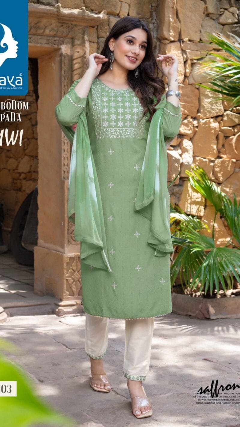 Kiwi 3 Piece Catalogue Top Bottom Dupatta Kaya Kurti