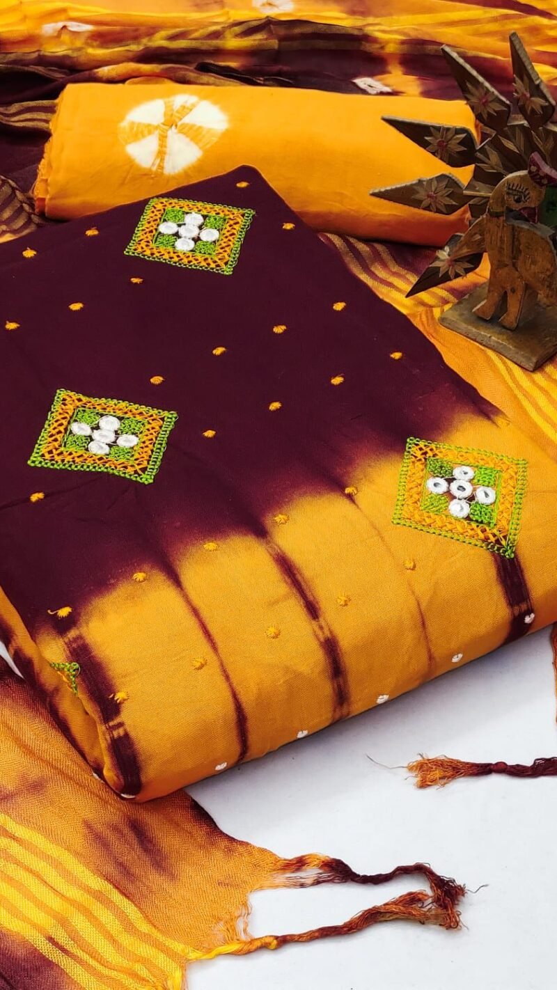 Hand Bandhej Rayon Work Suits Wholesale Dress Material