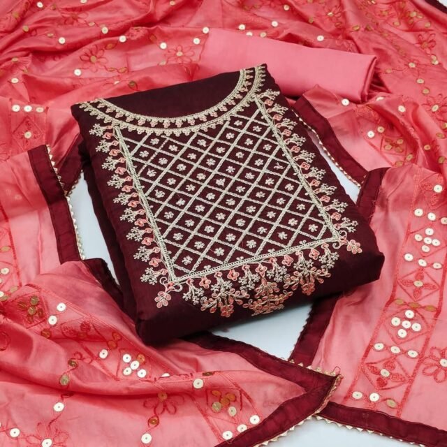 Modal Chanderi Silk With Codding Work Dress Material