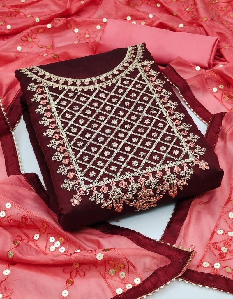 Modal Chanderi Silk With Codding Work Dress Material