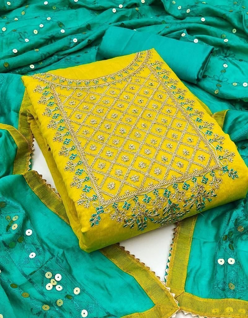 Modal Chanderi Silk With Codding Work Dress Material