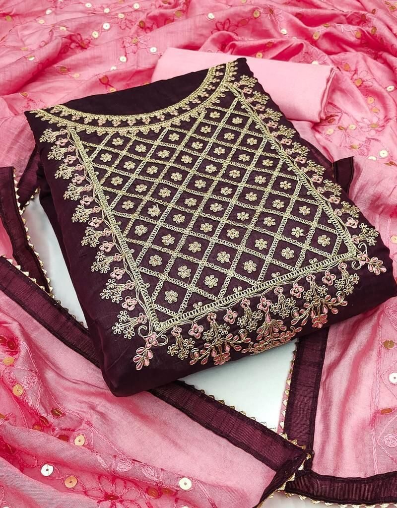 Modal Chanderi Silk With Codding Work Dress Material