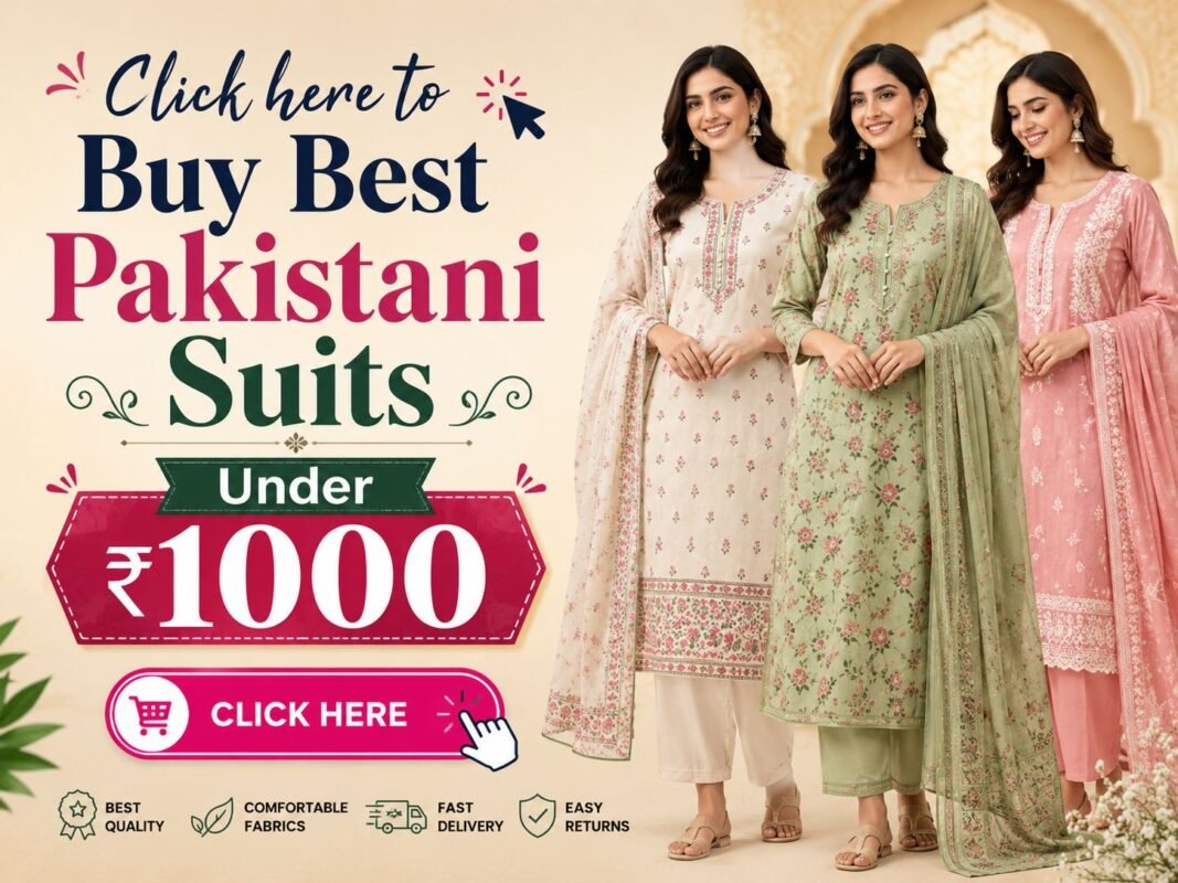 Best Pakistani Suits Under ₹1000 online shopping banner with stylish women ethnic wear collection