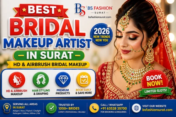 Best Bridal Makeup Artist in Surat offering HD Bridal Makeup, Airbrush Bridal Makeup, Hair Styling, and Professional Wedding Makeup Services