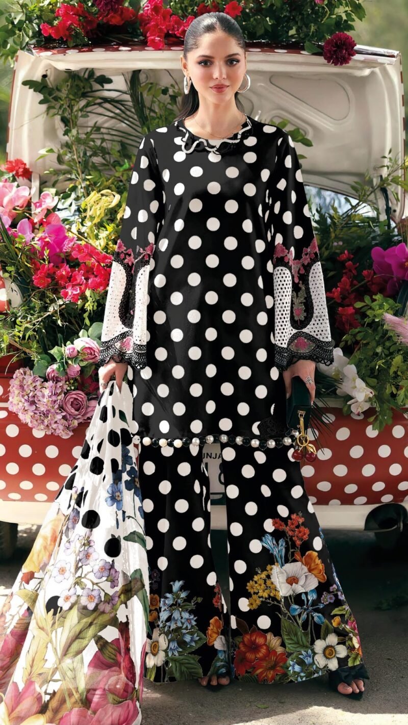 Polka Dot Dress Material Wholesale pure cotton printed suit with patch embroidery and printed dupatta