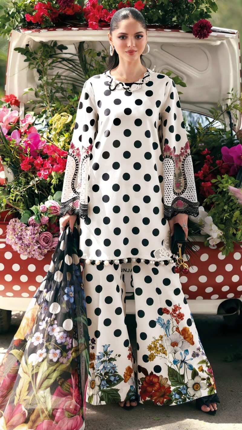 Polka Dot Dress Material Wholesale pure cotton printed suit with patch embroidery and printed dupatta