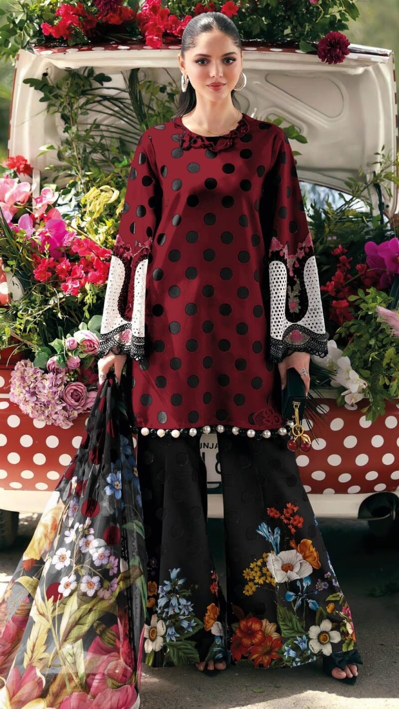 Polka Dot Dress Material Wholesale pure cotton printed suit with patch embroidery and printed dupatta