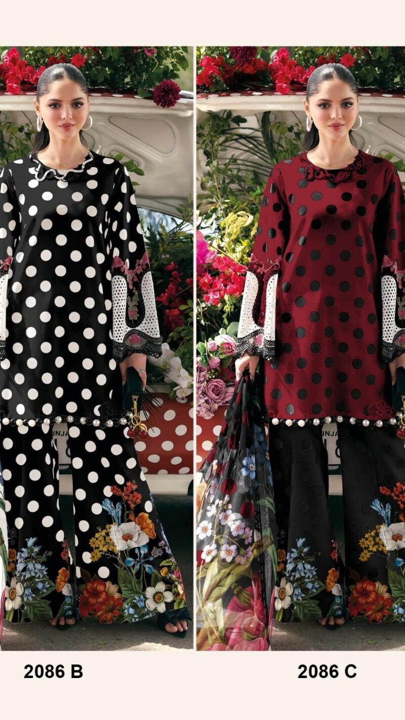 Polka Dot Dress Material Wholesale pure cotton printed suit with patch embroidery and printed dupatta
