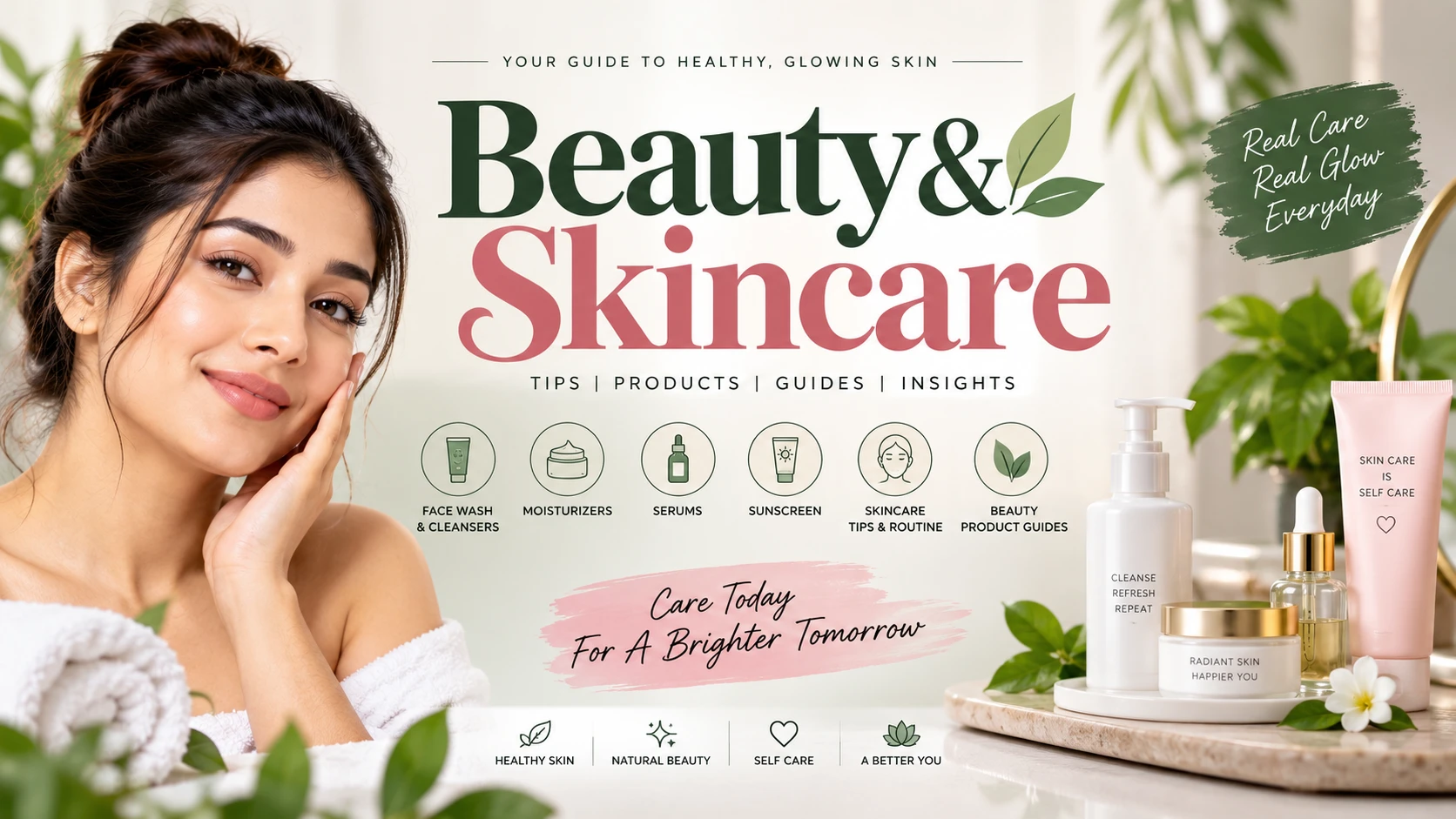 Beauty and skincare products with face wash, moisturizers, serums and daily skincare routine