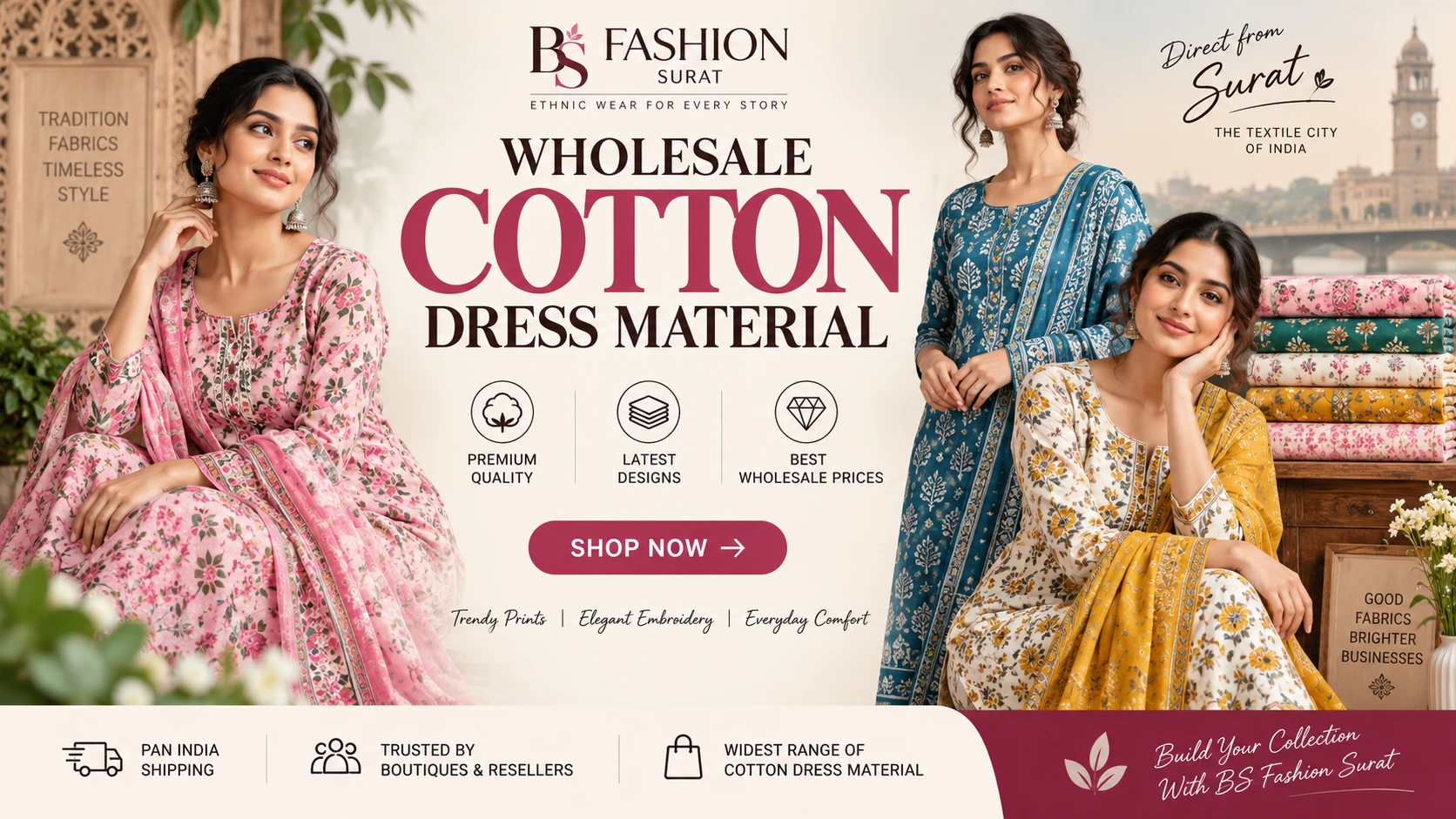 Wholesale cotton dress material collection at BS Fashion Surat featuring premium ethnic wear designs for boutiques and resellers